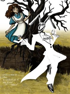 an illustration of alice and the white rabbit in front of a tree with two people on it