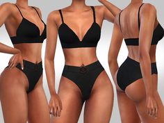 three women in black swimsuits standing next to each other