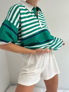 Vintage Emerald Striped Leisure Polo Dandelion Wine, House Clothes, Curated Vintage, Clothing Line, Ear Plugs