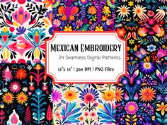 mexican embroidery digital papers with colorful flowers and plants on them, all in different colors