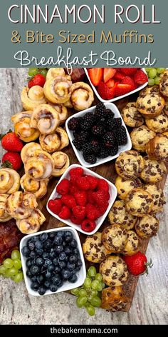 there are many different types of pastries on this platter with the words cinnamon roll and bite sized muffins breakfast board