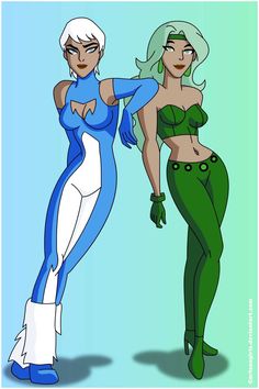 two cartoon characters dressed in green and blue outfits, one is pointing at the other