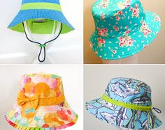 four hats with different patterns on them, one is blue and the other has green