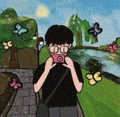 a painting of a person taking a picture with a camera in front of some butterflies