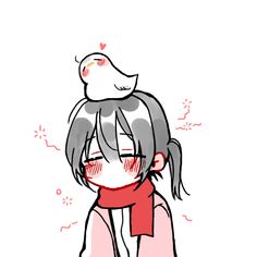 a drawing of a girl with grey hair wearing a red scarf and a cat on top of her head