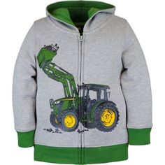 Toddler boy's light grey heather zip hoodie with contrast John Deere green jersey hood liner. John Deere green contrast rib cuffs and waistband for comfort. John Deere screenprint of working tractor with zip front and newly designed, side-front pockets. 60% Cotton 40% Polyester Fleece Long sleeve zip fleece hoodie 2 side pockets John Deere Room Ideas Kids, John Deere Boys Room, Light Pink John Deere Hoodie, John Deere Room, Toddler Boy Hoodie, Little Boys Tractor Shirt, Green Jersey, Kid Fashion, Toddler Hoodie