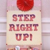 a sign that says step right up on the side of a wall with decorations around it