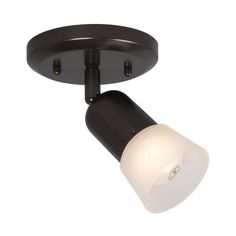 a black ceiling light with a white glass shade on the top and an adjustable arm