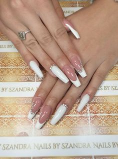 French Tip Nails W Diamonds, White Acrylic Nails Coffin Long, White French Tip Nails Diamonds, Diamante French Nails, Nokti French White Nails, Vtip French Nails, Manicure Hands, Icy Nails