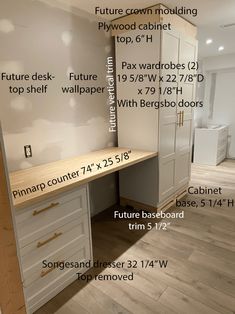 an image of a room with measurements for the cabinets and drawers in it that are labeled