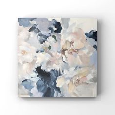 an abstract painting with white and blue flowers on the wall in front of a white background