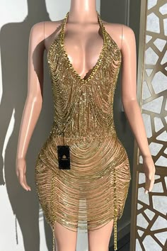 Carlotta Gold Dress(Ready To Ship) - AMEKANA.COM Short Gold Dress Black Woman, Gold Custom Birthday Dress, Cute Gold Dresses, Chain Dress Outfit, Gold Dress Homecoming, Gold Birthday Dresses