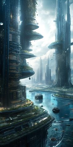 a futuristic city surrounded by tall buildings on the water with lots of boats floating in it