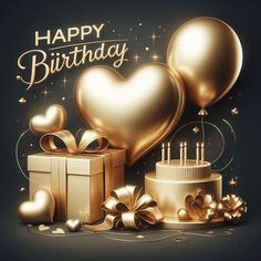 happy birthday card with golden balloons, gifts and gift boxes on dark background - free vector eps file