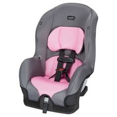 the child's car seat is pink and grey