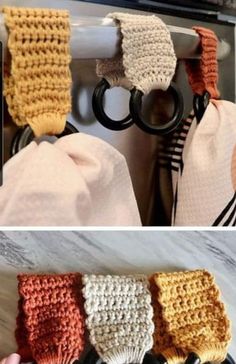 crocheted hair ties are hanging from hooks