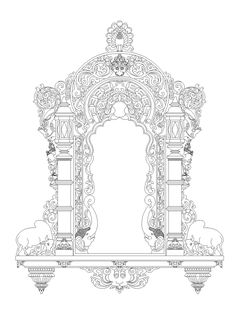 a drawing of an ornate arch with columns and arches in the middle, on a white background