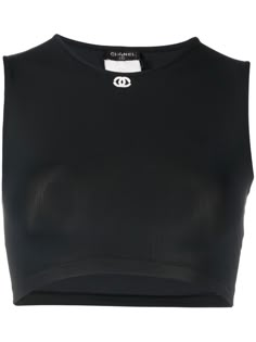 circa 1990s black/white signature interlocking CC logo stretch-design embroidered logo at the chest round neck sleeveless straight hem cropped Condition: EXCELLENT. This previously owned item is in near-perfect condition with no signs of damage or use. Chanel Bra, Chanel Crop Top, Top Brands Logo, Chanel Clothes, Gt2 Rs, Chanel Top, Chanel Outfit, Embroidered Crop Tops, Clothing Pieces