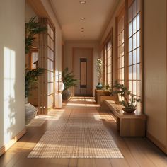 a long hallway with lots of windows and potted plants