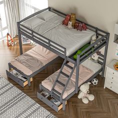 a bunk bed with two sets of drawers underneath it on the floor next to a rug