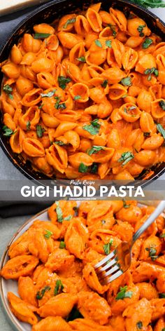 two pictures showing different types of pasta and one has a fork in the bowl with parsley on top