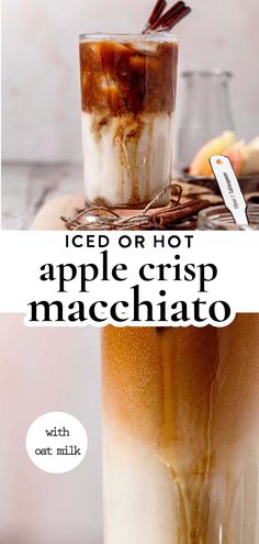 iced or hot apple crisp macchiato in a glass with ice and cinnamon on top