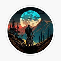 a man riding a bike in front of a full moon with mountains and trees behind him