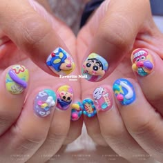 IG: favoritenail.studio | Crayon Shinchan inspired nail design Shin Chan Nails, Shinchan Nail Art, Y2k Nail, Charm Nail, Crayon Shinchan, Charcoal Paint, Minimal Nails Art, Fake Nails Designs, Hippie Nails