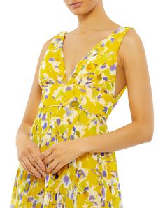 Floral Plunge V-Neck Dress – Mac Duggal Yellow Floral Maxi Dress, Plastic Dress, Floral Gown, Floral Dresses Long, Floor Length Skirt, Empire Dress, Mac Duggal, Tulle Prom Dress, Sleeveless Floral Dress