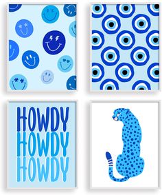 four blue and white art prints with different designs on the same wall, each featuring an animal