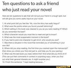 an open book with the words, ten questions to ask a friend who just read your novel