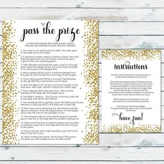 the wedding ceremony program with gold confetti on it and an information card for guests