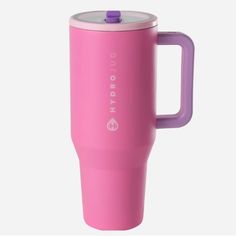 a pink travel mug with purple handles