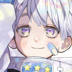 an anime character with purple hair and stars on his chest is smiling at the camera