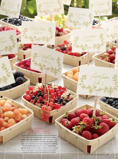 a table topped with lots of boxes filled with fruit next to cards that spell out names