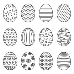 nine easter eggs with different patterns and designs on them, all in black and white