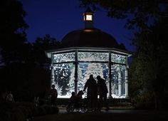 two people standing in front of a gazebo at night with the lights on and trees behind them