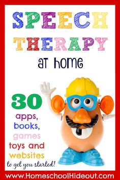 a poster with the words speech therapy at home and an image of a cartoon character