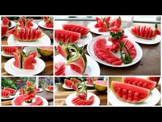 several pictures of slices of watermelon on plates