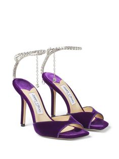 Purple Sandals Heels, Jimmy Choo Saeda, Purple Sandals, Velvet Sandals, Modern Sandals, Jimmy Choo Heels, Embellished Sandals, Crystal Chain, Fashion High Heels