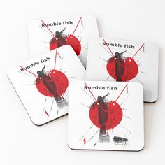 four square coasters with the words rumble fish printed on them, all in red and black