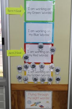 a bulletin board with words on it and magnets attached to the door for writing