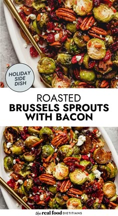 roasted brussels sprouts with balsamic, bacon and feta on serving platter Bacon Blue Cheese Brussel Sprouts, Brussels Sprouts Sweet Potatoes Bacon, Brussel Sprout Recipes With Bacon And Cranberry, Roasted Brussels Sprout Recipes, Brussel Sprout Stuffing, Thanks Giving Brussel Sprouts, Brussel Sprout Recipes With Bacon And Goat Cheese, Bacon Wrapped Veggies, Brussel Sprouts Side Dishes