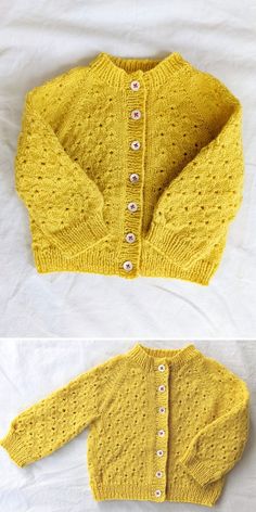 two pictures of a yellow sweater with buttons on the front and back, in different directions