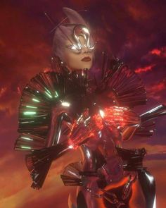 a futuristic woman with glowing eyes standing in front of a sunset