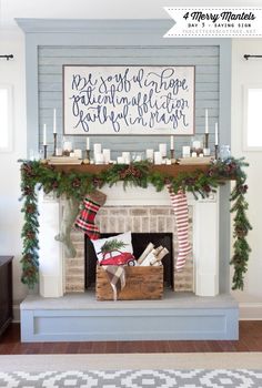 a fireplace decorated for christmas with stockings and candles