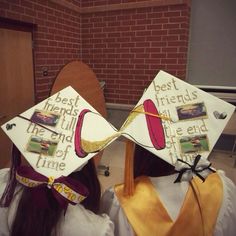 two graduates wearing graduation caps with the words best friends are the end of time on them