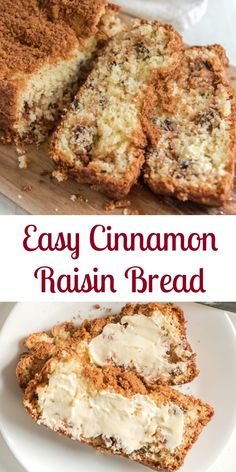 easy cinnamon raisin bread with cream cheese frosting on top is cut in half and sits on a white plate