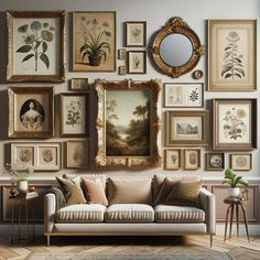 Vintage interior design tips for creating a gallery wall at home Vintage Family Gallery Wall, Family Photo Wall Living Room, Family Picture Wall Ideas Living Rooms, Thrifted Gallery Wall, Gallery Wall With Mirror, Vintage Picture Wall, Gallery Wall Antique, Showmans Wagon, Vintage Photo Wall