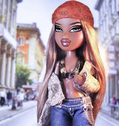 a barbie doll is standing on the street with her hair blowing back and wearing a bandana